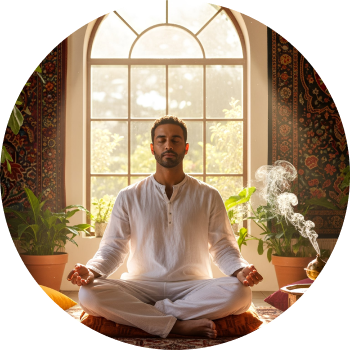 A man sitting with legs crossed in calm room - Meditating